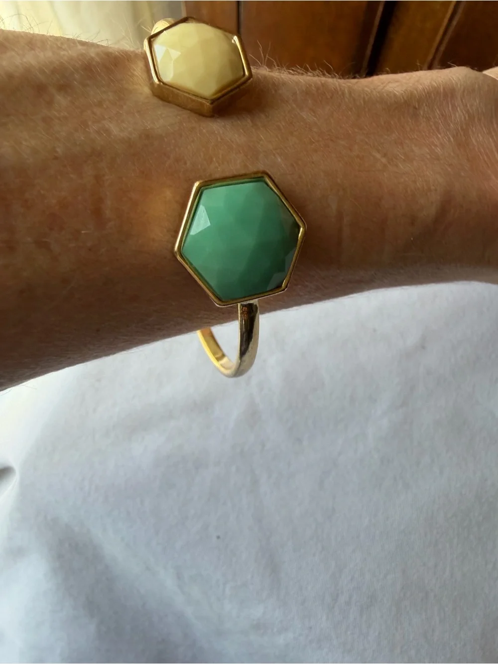 Kensie Gold Tone Faceted Stone Hexagon Open Cuff Bracelet Green Ivory